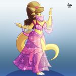  1:1 2018 3_toes anthro bellydancing breasts brown_hair claws cleavage clothed clothing dragon eyelashes female finger_claws hair hi_res jamearts lips non-mammal_breasts on_one_leg rebecca_(jamearts) smile solo standing toe_claws toes 