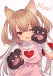  1girl ;d animal_ear_fluff animal_ears apron bandaged_arm bandages bangs brown_gloves brown_hair cat_ears collared_shirt eyebrows_visible_through_hair fang gloves hair_between_eyes head_tilt heart kemonomimi_mode long_hair natori_sana one_eye_closed open_mouth paw_gloves paws pink_apron pink_background puffy_short_sleeves puffy_sleeves red_eyes romaji_text sana_channel shirt short_sleeves simple_background smile solo two_side_up very_long_hair virtual_youtuber white_shirt zumi_tiri 