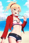  1girl beach belt black_belt blonde_hair blush braid breasts cleavage collarbone commentary_request day fate/grand_order fate_(series) food fur_trim green_eyes hair_ornament hair_scrunchie highres holding jacket kuroshiro_(ms-2420) long_hair long_sleeves looking_at_viewer mordred_(fate) mordred_(fate)_(all) navel outdoors ponytail popsicle red_jacket red_scrunchie scrunchie short_shorts shorts small_breasts solo upper_teeth water 