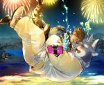  3_eyes anthro blush clothing falling fireworks hug human iruhazunai male male/male mammal multi_ear multi_eye night romantic sea suit tokyo_afterschool_summoners tsathoggua tusks twink_protagonist_(tas) video_games water 