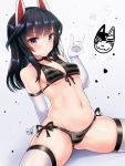  1girl agatsuma_kaede alice_gear_aegis animal_ears bikini black_bikini black_eyes black_hair choker closed_mouth doyouwantto eyebrows_visible_through_hair fake_animal_ears fox_shadow_puppet gloves looking_at_viewer navel skindentation solo striped striped_bikini swimsuit white_gloves white_legwear 