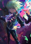  belt biker_clothes black_gloves black_jacket closed_mouth cravat fire gloves green_hair half_gloves highres jacket lio_fotia looking_at_viewer male_focus multiple_belts promare purple_eyes qosic short_hair 