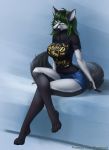  anthro canid canine clothed clothing elvofirida eyewear female glasses hair hi_res mammal simple_background sitting solo wide_hips 