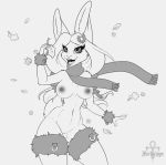  autumn breasts fall_(disambiguation) female happy jackalope_(artist) lagomorph leaf leporid mammal nude pussy rabbit scarf smile solo weather wind 