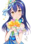  1girl absurdres bangs bare_shoulders blue_hair blush bouquet closed_mouth commentary_request eyebrows_visible_through_hair flower hair_between_eyes hair_ornament highres holding holding_bouquet long_hair looking_at_viewer love_live! love_live!_school_idol_festival love_live!_school_idol_project simple_background smile solo sonoda_umi sunya_(honorin-yuunibo) white_background yellow_eyes 
