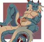  anthro balls bodily_fluids bulge capcom clothing erection genital_fluids hand_on_penis hi_res humanoid_penis lagiacrus lavenderpandy leviathan_(mh) looking_at_viewer male monster_hunter penis precum scalie solo underwear video_games 