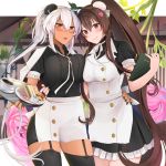  2girls :o absurdres apron asymmetrical_docking black_dress black_legwear black_nails blush breast_press breasts brown_eyes brown_hair bun_cover coffee coffee_cup collared_apron cowboy_shot cup dark_skin disposable_cup dress flower food garter_straps glasses hair_bun hair_ornament headgear highres holding holding_menu holding_tray kantai_collection large_breasts long_hair looking_at_viewer maid multiple_girls musashi_(kantai_collection) neck_ribbon open_mouth plate platinum_blonde_hair ponytail puffy_short_sleeves puffy_sleeves red_eyes remodel_(kantai_collection) ribbon sandwich semi-rimless_eyewear short_sleeves silver-framed_eyewear smile thighhighs tray twintails under-rim_eyewear very_long_hair waist_apron white_ribbon yamato_(kantai_collection) yunamaro 