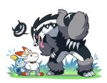  2019 ambiguous_gender angry anthro barefoot blue_eyes bodily_fluids buckteeth claws featureless_crotch feral fur hiding lagomorph long_ears long_tongue looking_down looking_up mammal mustelid nintendo obstagoon open_mouth pok&eacute;mon pok&eacute;mon_(species) raised_leg red_eyes reptile scalie scared scorbunny sharp_claws sharp_teeth size_difference smile sobble standing takataka tears teeth toe_claws tongue tongue_out video_games 