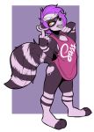  anthro bottomless clothed clothing female furkinghell hi_res looking_at_viewer mammal open_mouth procyonid raccoon simple_background solo standing 