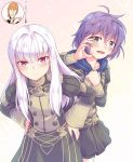  1boy 2girls bernadetta_von_varley closed_mouth epaulettes ferdinand_von_aegir fire_emblem fire_emblem:_three_houses grey_eyes hands_on_hips highres hood hood_down long_hair long_sleeves lysithea_von_ordelia multiple_girls open_mouth orange_hair pink_eyes purple_hair saisyuusensi short_hair skirt uniform white_hair 