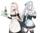  2girls ak-12_(girls_frontline) an-94_(girls_frontline) apron bangs bare_shoulders black_legwear breasts champagne_bottle champagne_flute choker cleavage closed_eyes cup detached_sleeves drinking_glass garter_straps girls_frontline hair_between_eyes hair_ornament long_hair maid maid_apron maid_headdress multiple_girls nlitz silver_hair simple_background smile thighhighs tray white_background white_hair 