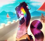  ailurid ambiguous_gender anthro clothed clothing dessert drawpanther duo food hair hands_above_head ice_cream male male_focus mammal multicolored_hair outside rainbow_hair red_panda solo_focus standing striped_tail stripes yacht 