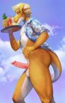  adelaherz anthro balls beverage cloud erection hair hi_res looking_at_viewer low-angle_view male open-shirt outside scalie solo standing waiter 