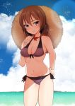  1girl adjusting_clothes adjusting_swimsuit bangs bikini blue_sky breasts brown_bikini brown_eyes brown_hair brown_headwear cleavage closed_mouth cloud cloudy_sky commentary cowboy_shot crotch_seam day eyebrows_visible_through_hair front-tie_bikini front-tie_top girls_und_panzer hand_on_hip hat light_blush long_hair looking_at_viewer medium_breasts nakasone_haiji nishizumi_maho ocean outdoors short_hair side-tie_bikini sky smile standing straw_hat sun_hat swimsuit thighs wet 