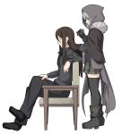  1boy 1girl bangs black_footwear black_hair black_legwear boots cape cloak commentary_request eyebrows_visible_through_hair fate/grand_order fate_(series) from_side fur_trim gloves gray_(lord_el-melloi_ii) green_eyes grey_hair hair_between_eyes holding hood hood_up long_hair long_sleeves lord_el-melloi_ii_case_files male_focus shiseki_hirame shoes short_hair simple_background sitting skirt thighhighs waver_velvet white_background 