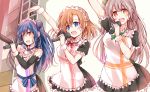  3girls absurdres apron arm_up bangs bare_shoulders blue_eyes blue_hair blush bow commentary_request detached_sleeves fujisaki_kyouya grey_hair hair_between_eyes hair_bow hair_bun hair_ornament highres holding holding_microphone kousaka_honoka long_hair love_live! love_live!_school_idol_project maid maid_apron maid_headdress microphone minami_kotori mogyutto_&quot;love&quot;_de_sekkin_chuu! multiple_girls music one_side_up open_mouth orange_hair singing smile sonoda_umi yellow_eyes 