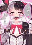  1girl a62826704 absurdres black_hair blush breasts cleavage commentary_request gloves highres long_hair looking_at_viewer multicolored_hair nijisanji open_mouth red_eyes silver_hair solo tongue two-tone_hair virtual_youtuber yorumi_rena 