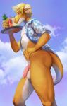  adelaherz anthro balls beverage cloud flaccid hair hi_res looking_at_viewer low-angle_view male open-shirt outside penis scalie solo standing waiter 