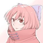  1girl bangs blue_bow blush bow cape commentary_request eyebrows_visible_through_hair hair_bow high_collar looking_at_viewer outline parted_lips pink_background poronegi portrait red_cape red_eyes red_hair sekibanki short_hair solo touhou two-tone_background white_background white_outline 