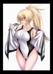  1girl absurdres bangs bare_shoulders black-framed_eyewear black_border blonde_hair blue_eyes border breasts collarbone competition_swimsuit covered_navel fate/grand_order fate_(series) glasses hair_between_eyes highres hip_focus jacket jeanne_d&#039;arc_(fate)_(all) jeanne_d&#039;arc_(swimsuit_archer) large_breasts long_hair looking_at_viewer looking_to_the_side one-piece_swimsuit open_clothes open_jacket simple_background smile solo swimsuit thighs ulrich_(tagaragakuin) whistle white_background white_jacket white_swimsuit zipper 