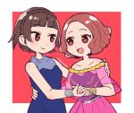  2girls :d arm_around_waist bangs bare_arms blue_dress blunt_bangs border bracelet braid brown_eyes brown_hair closed_mouth collarbone crown_braid dancing do_m_kaeru dress eye_contact eyebrows_visible_through_hair hands_together holding_hands jewelry looking_at_another multiple_girls niijima_makoto off_shoulder okumura_haru open_mouth persona persona_5 pink_skirt red_background see-through short_hair signature skirt sleeveless sleeveless_dress smile two-tone_background upper_body white_border 