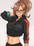  1girl android_21 blue_eyes brown_hair dragon_ball dragon_ball_fighterz ear_piercing earrings glasses grey_background highres hood hoodie jewelry long_hair navel piercing ponytail smile solo st62svnexilf2p9 torso very_long_hair 