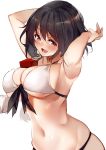  1girl :d armpits arms_up bangs bare_arms bare_shoulders bikini black_hair blush breasts commentary_request eyebrows_visible_through_hair front-tie_bikini front-tie_top groin hair_between_eyes hat hat_removed headwear_removed highres ken_(coffee_michikusa) large_breasts looking_at_viewer navel open_mouth pom_pom_(clothes) red_eyes shameimaru_aya short_hair simple_background smile solo stomach swimsuit tokin_hat touhou upper_body white_background white_bikini 
