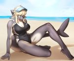  2019 5_fingers anthro beach blonde_hair breasts cetacean cleavage clothed clothing delphinoid female fingers hair hat headgear headwear hi_res looking_at_viewer mammal marine oceanic_dolphin orca_teacher_(toto) pgm300 seaside solo swimwear toothed_whale 