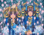  2girls animal black_hair blue_eyes braids flowers fox headband horns long_hair minami_(minami373916) original tattoo 