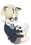  1girl alternate_costume animal_ears bare_legs blazer blonde_hair blue_neckwear blush book bow bowtie brown_hair cat_ears cat_tail collared_shirt commentary_request extra_ears eyebrows_visible_through_hair from_above glasses green_eyes grey_skirt ilyfon133 jacket kemono_friends long_sleeves looking_at_viewer margay_(kemono_friends) margay_print multicolored_hair navy_blue_jacket pleated_skirt school_uniform shirt short_hair sitting skirt solo tail white_hair white_shirt 