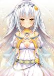  1girl blush breasts character_request cleavage closed_mouth collarbone commentary_request dress flower_knight_girl hair_ornament hands_clasped huei_nazuki long_hair looking_at_viewer medium_breasts own_hands_together silver_hair solo yellow_eyes 