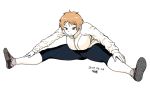  1girl ankle_socks bent_over breasts brown_eyes dated full_body jacket large_breasts orange_hair original pants shoes short_hair signature sneakers solo spread_legs stretch track_jacket tsukudani_(coke-buta) tsurime tsurime-chan yoga_pants 