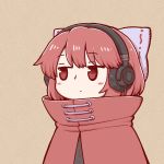  1girl bangs black_shirt blue_bow blush_stickers bow brown_background cape chibi commentary_request eyebrows_visible_through_hair hair_bow headphones high_collar jitome poronegi red_cape red_eyes red_hair sekibanki shirt short_hair simple_background solo touhou upper_body 