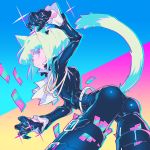  animal_ears ass belt biker_clothes black_gloves black_jacket bulge cat_ears cat_tail catboy claws closed_mouth cravat fire gloves green_hair half_gloves highres jacket lio_fotia looking_at_viewer male_focus multiple_belts promare purple_eyes tail wazuka_(wzzc) 
