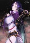  bangs black_gloves bodysuit breasts curvy fate/grand_order fate_(series) fingerless_gloves gloves highres katana kurosawa_(hjkl42332) large_breasts loincloth long_hair low-tied_long_hair minamoto_no_raikou_(fate/grand_order) parted_bangs purple_bodysuit purple_eyes purple_hair ribbed_sleeves rope sword tabard very_long_hair weapon 