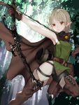  1girl armpits arrow belt blonde_hair boots bow_(weapon) breasts brown_gloves cape elf forest gloves highres holding holding_bow_(weapon) holding_weapon long_hair nature nyatabe orange_eyes original pointy_ears ponytail pouch quiver sleeveless solo thigh_boots thighhighs weapon 