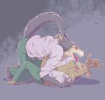 beastars bodily_fluids canid canine canis cervid clothed clothing legosi_(beastars) licking louis_(beastars) male male/male mammal open_shirt saliva tongue tongue_out wolf ゴンちゃ 