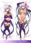  2girls :t areola_slip areolae armor arms_up bangs bare_shoulders barefoot bikini_armor blush breasts closed_mouth collarbone commentary_request dakimakura detached_sleeves dress dual_persona earrings fate/grand_order fate_(series) feet flower full_body hair_between_eyes hair_ribbon highres jewelry kama_(fate/grand_order) large_breasts licking_lips long_hair looking_at_viewer lotus multiple_girls navel pink_ribbon pout puffy_cheeks purple_dress purple_legwear purple_sleeves red_eyes revealing_clothes ribbon ring short_hair silver_hair sleeveless sleeveless_dress small_breasts smile thigh_strap thighlet thighs tonee tongue tongue_out 