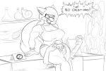  angry anthro canid canine clothed clothing dialogue duo english_text eyewear female glasses greyscale hi_res inside kyrie_eleison male mammal monochrome muscular muscular_female open_mouth store text thick_thighs 
