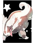  black_background commentary_request directional_arrow full_body galar_form galarian_linoone gen_3_pokemon highres linoone manino_(mofuritaionaka) no_humans pokemon pokemon_(creature) signature solo star tongue tongue_out two-tone_background white_background 