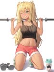  1girl absurdres bare_arms bare_legs bare_shoulders bintz black_shirt blonde_hair breasts cleavage clenched_teeth collarbone commentary_request crop_top cup danberu_nan_kiro_moteru? dumbbell green_eyes groin hands_up highres kneeling lifting long_hair looking_at_viewer medium_breasts midriff navel one_eye_closed open_mouth red_shorts sakura_hibiki_(danberu_nan_kiro_moteru?) shadow shirt shoes short_shorts shorts sidelocks sleeveless sleeveless_shirt sneakers solo sweat tank_top tears teeth twintails twitter_username white_background 