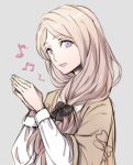  1girl blonde_hair blue_eyes bow fire_emblem fire_emblem:_three_houses grey_background hair_bow long_hair long_sleeves low_ponytail mercedes_von_marltritz open_mouth simple_background solo t_misaomaru upper_body 