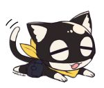  bag cat closed_eyes do_m_kaeru full_body lying morgana_(persona_5) neckerchief no_humans on_stomach open_mouth persona persona_5 signature simple_background smile solo tail_wagging white_background yellow_neckwear 