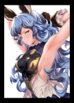  1girl absurdres animal_ears armpits arms_up bangs bare_shoulders belt black_border black_gloves blue_hair blue_skirt blush border breasts brown_eyes cape embarrassed erune ferry_(granblue_fantasy) gloves granblue_fantasy half-closed_eyes highres long_hair looking_at_viewer loose_belt medium_breasts sideboob sidelocks simple_background skirt solo tsurime ulrich_(tagaragakuin) v-shaped_eyebrows wavy_hair white_background 