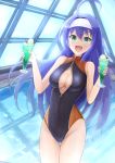  1girl ahoge blue_hair breasts center_opening cleavage cup fire_emblem fire_emblem:_radiant_dawn green_eyes hairband holding holding_cup long_hair mia_(fire_emblem) one-piece_swimsuit open_mouth pool ryuusaki_rei solo swimsuit water 