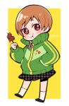  1girl :t badge blush border brown_eyes brown_hair button_badge chewing closed_mouth do_m_kaeru eating eyebrows_visible_through_hair food full_body green_jacket hand_in_pocket holding holding_food houndstooth jacket looking_at_viewer persona persona_4 satonaka_chie school_uniform short_hair signature skirt solo track_jacket two-tone_background unmoving_pattern white_border yasogami_school_uniform yellow_background 