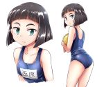  1girl ass bangs black_hair blue_swimsuit blunt_bangs blunt_ends bob_cut closed_mouth commentary_request cropped_torso from_behind frown green_eyes holding kitayama_miuki leaning_forward looking_at_viewer multiple_views name_tag nishihara_(girls_und_panzer) one-piece_swimsuit school_swimsuit short_hair solo standing stuffed_animal stuffed_duck stuffed_toy swimsuit thighs 
