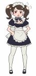  1girl =3 apron bangs black_dress black_footwear blush bow bowtie breasts brown_eyes brown_hair cleavage do_m_kaeru dress frilled_apron frilled_dress frills full_body hands_on_hips kawakami_sadayo maid maid_headdress mary_janes open_mouth pantyhose persona persona_5 puffy_short_sleeves puffy_sleeves shoes short_sleeves simple_background solo standing twintails twitter_username waist_apron white_apron white_background white_legwear 