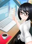  1girl artist_request black_hair black_legwear black_skirt bob_cut breasts brown_eyes building chair city cityscape cleavage coffee coffee_cup computer cup date_crush_stories disposable_cup erisa_(date_crush_stories) eyebrows_visible_through_hair game_cg glasses highres indoors laptop looking_at_phone looking_at_viewer miniskirt phone self_shot shirt short_hair sitting skirt skyline skyscraper small_breasts smile solo table thighhighs v white_shirt window 