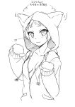  1girl :3 animal_hood bangs breasts breasts_apart cat_hood closed_mouth directional_arrow drawstring ear_wiggle greyscale hands_up hatching_(texture) highres hood hood_up light_blush long_sleeves looking_at_viewer matatabi_(2ccp) monochrome morizono_wakana motion_lines paw_pose pretty_rhythm pretty_rhythm_rainbow_live short_bangs short_hair simple_background sketch smile solo translation_request unzipped upper_body white_background 